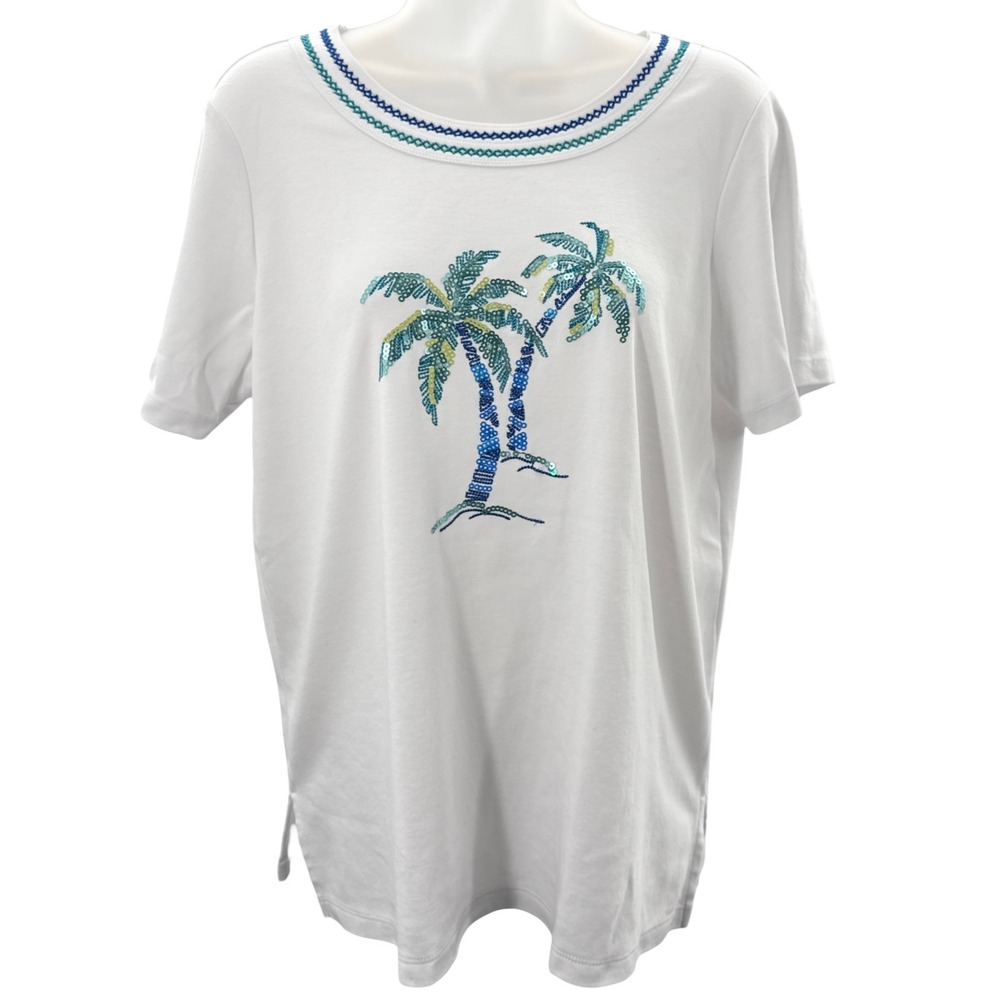 Alfred Dunner Top Small White Sequin Palm Tree Tropical Coastal Shirt